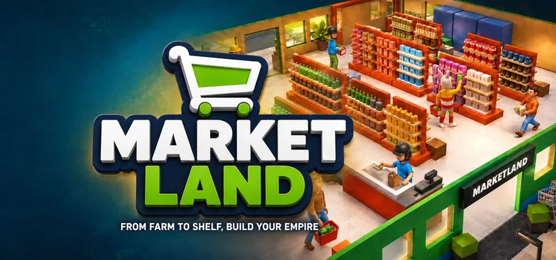 Market Land logosu ve izometrik market illüstrasyonu.